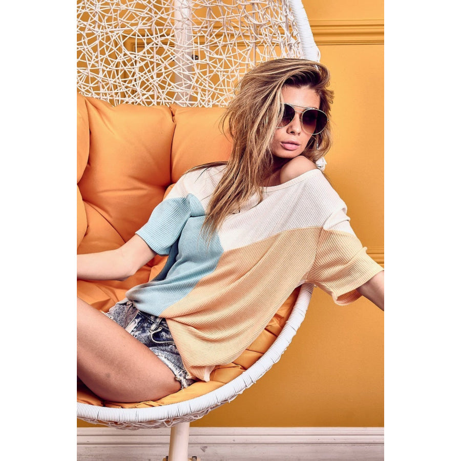 BiBi Round Neck Color Block Short Sleeve T-Shirt Apparel and Accessories