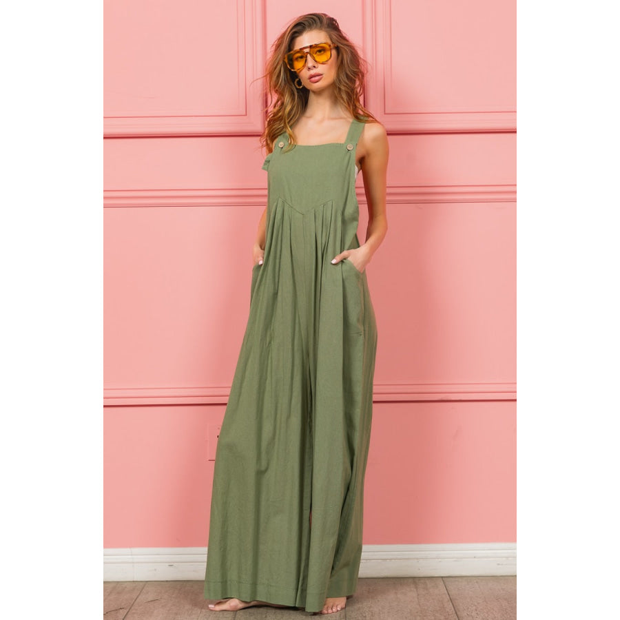 BiBi Ruched Wide Leg Overalls with Pockets Apparel and Accessories