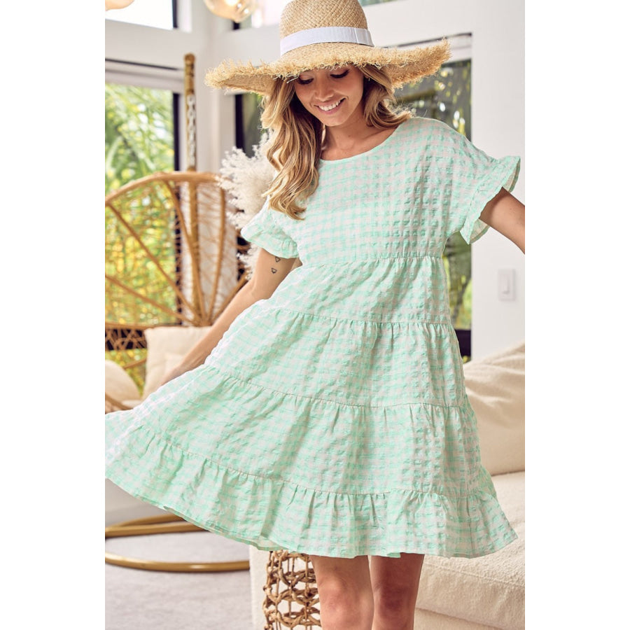 BiBi Ruffled Hem Short Sleeve Tiered Dress Neon Green Multi / S Apparel and Accessories