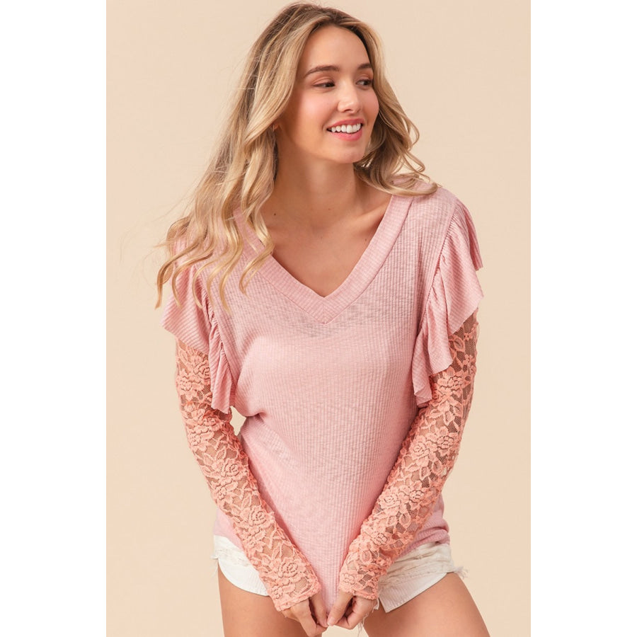 BiBi Ruffled Lace Sleeve Rib Knit Top Blush Pink / S Apparel and Accessories