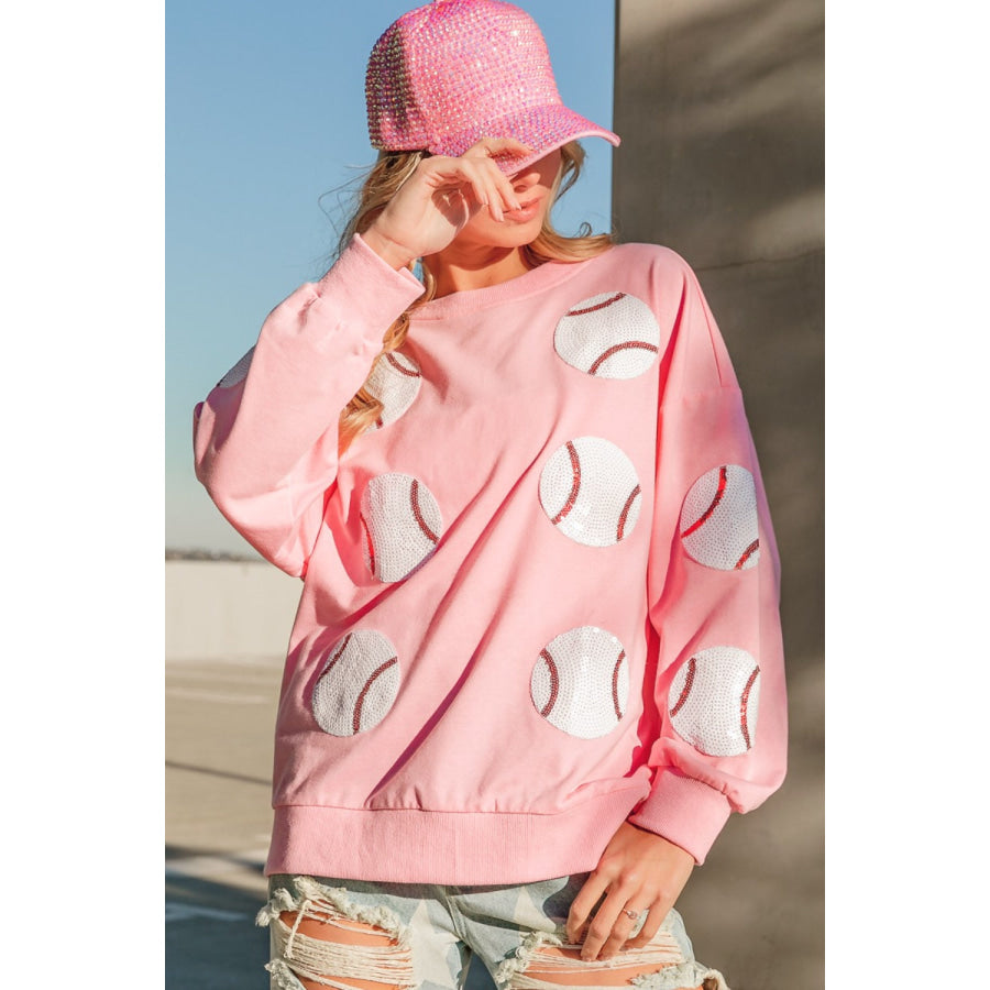 BiBi Sequin Baseball Patches French Terry Sweatshirt Lt Pink / S Apparel and Accessories
