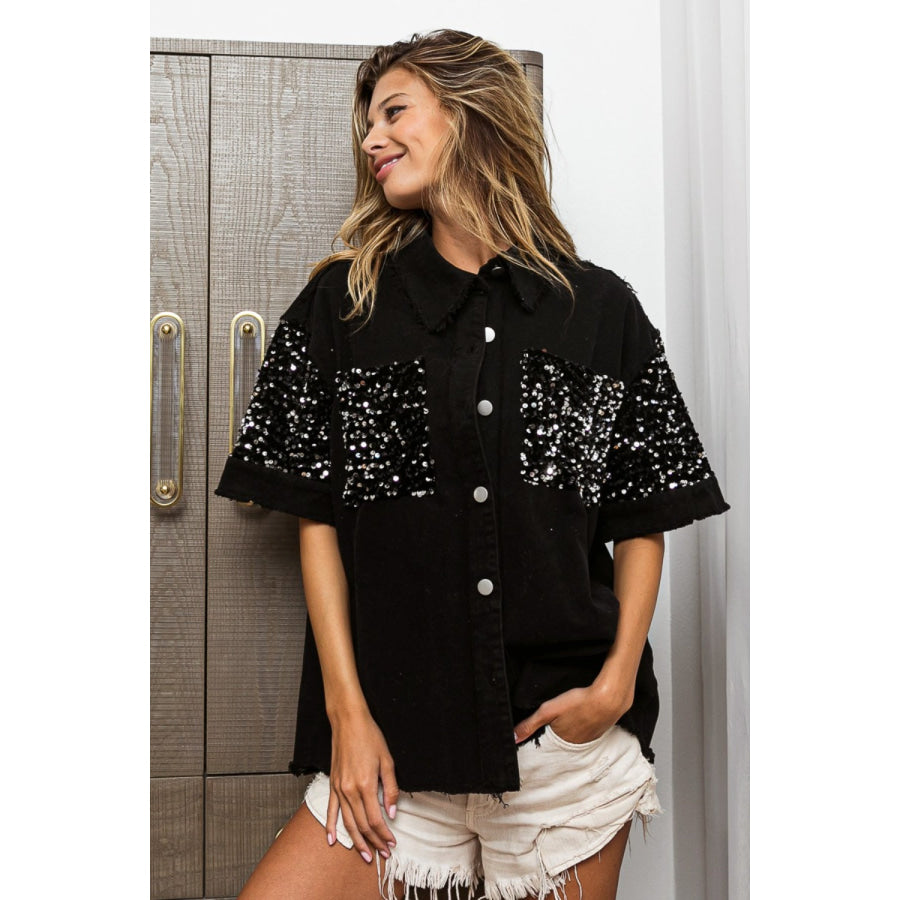 BiBi Sequin Detail Raw Hem Short Sleeve Shirt Apparel and Accessories