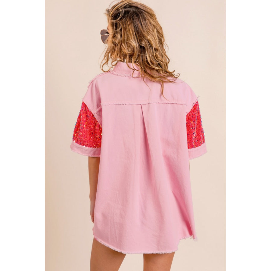 BiBi Sequin Detail Raw Hem Short Sleeve Shirt Pink/Fuchsia / S Apparel and Accessories