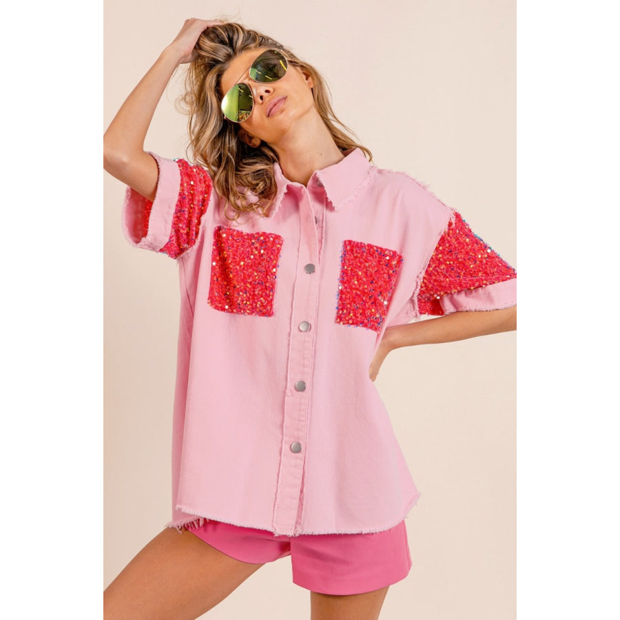 BiBi Sequin Detail Raw Hem Short Sleeve Shirt Pink/Fuchsia / S Apparel and Accessories