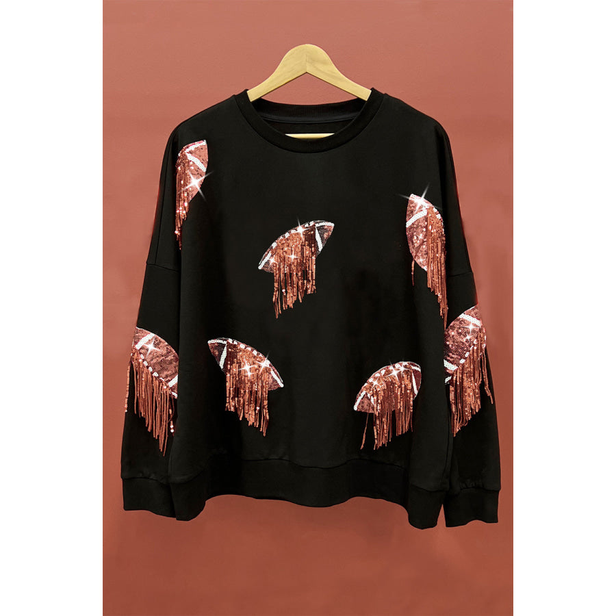 BiBi Sequin Fringe Football Patch Round Neck Sweatshirt Apparel and Accessories