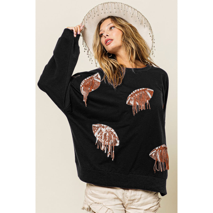 BiBi Sequin Fringe Football Patch Round Neck Sweatshirt Black/Bronze / S Apparel and Accessories