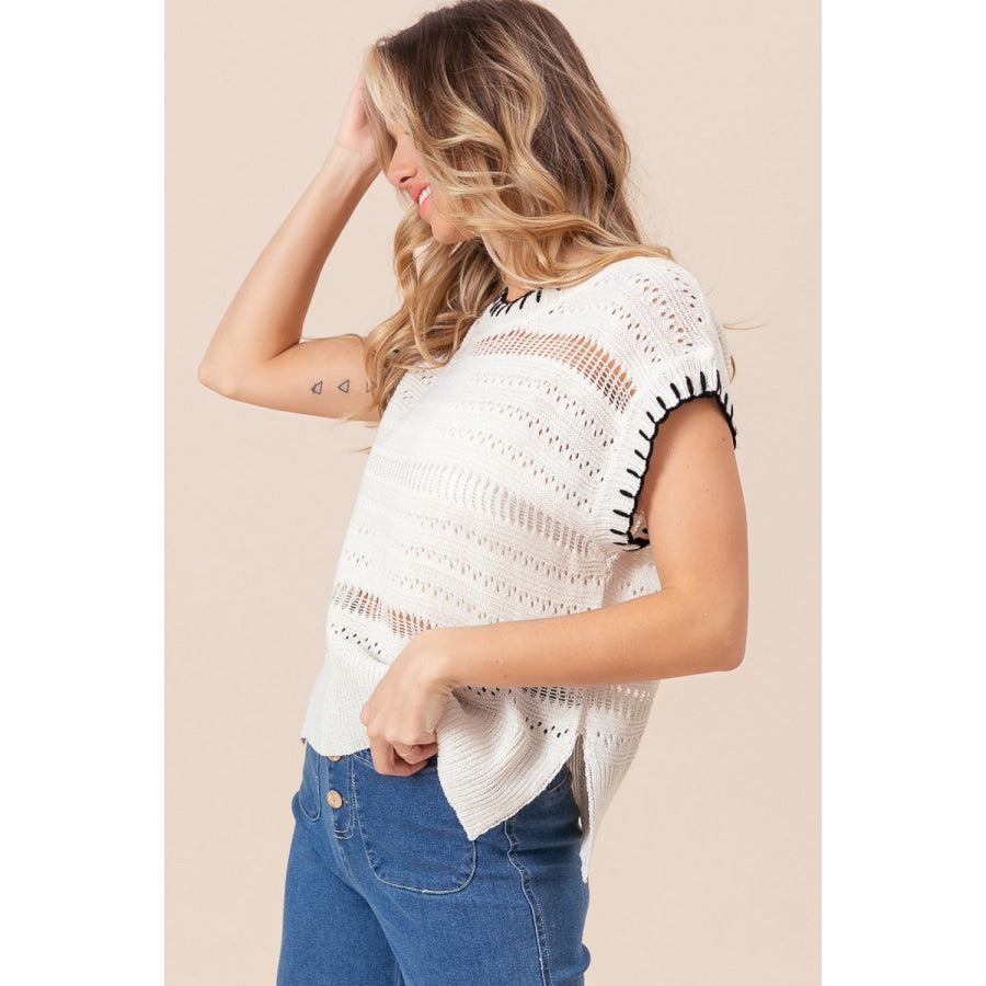 BiBi Stitch Edge Pointelle Side Slit Sweater Vest Apparel and Accessories