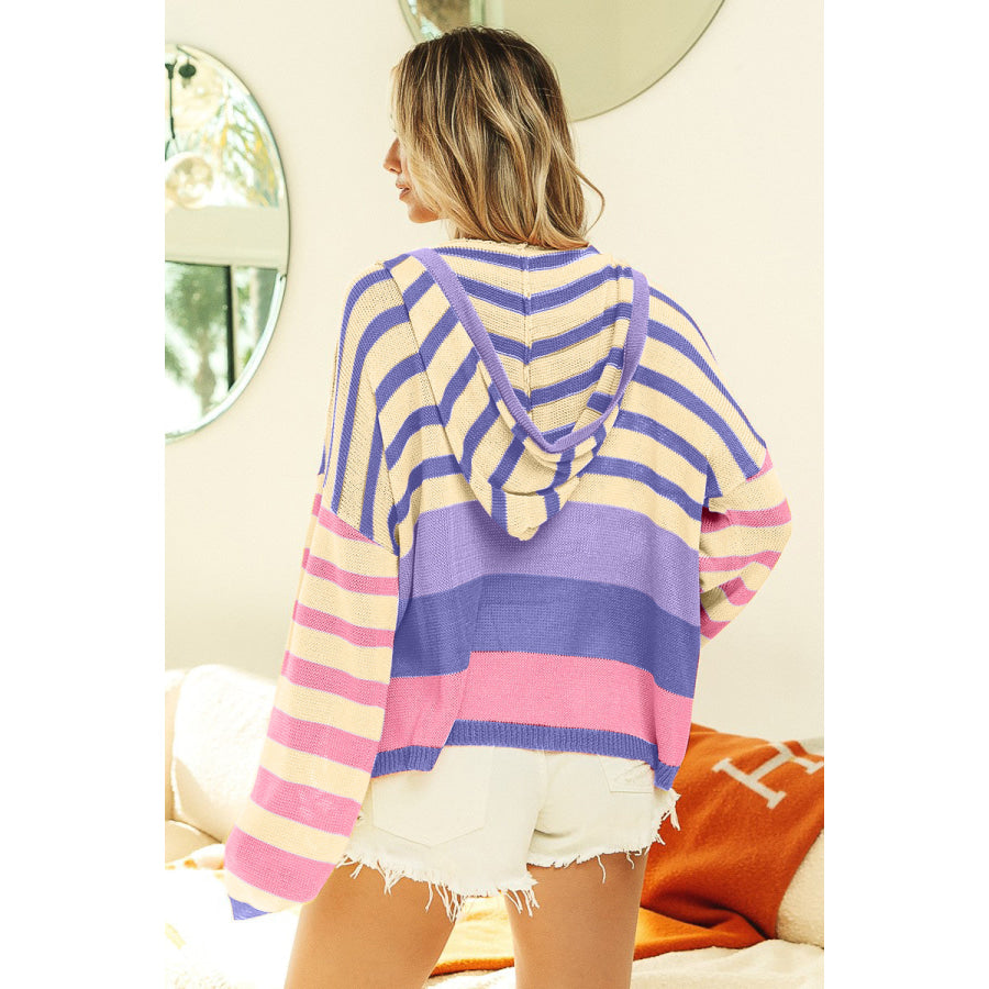 BiBi Striped Color Block Hooded Knit Top Apparel and Accessories