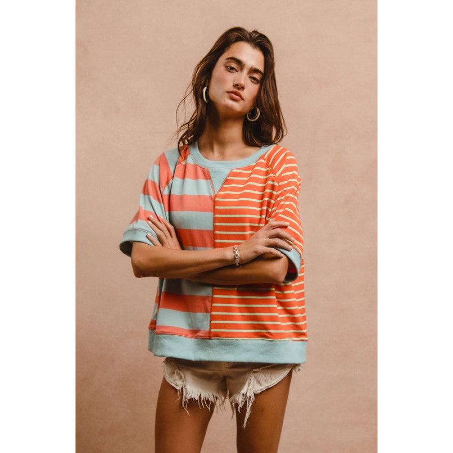 BiBi Striped Round Neck Half Sleeve French Terry Top Apparel and Accessories