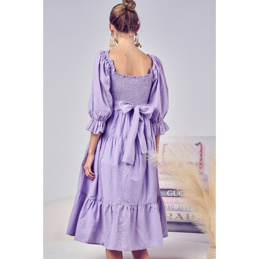 BiBi Swiss Dot Flounce Sleeve Smocked Tiered Midi Dress Lavender / S Apparel and Accessories