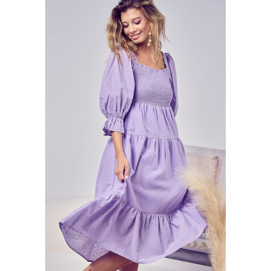BiBi Swiss Dot Flounce Sleeve Smocked Tiered Midi Dress Lavender / S Apparel and Accessories