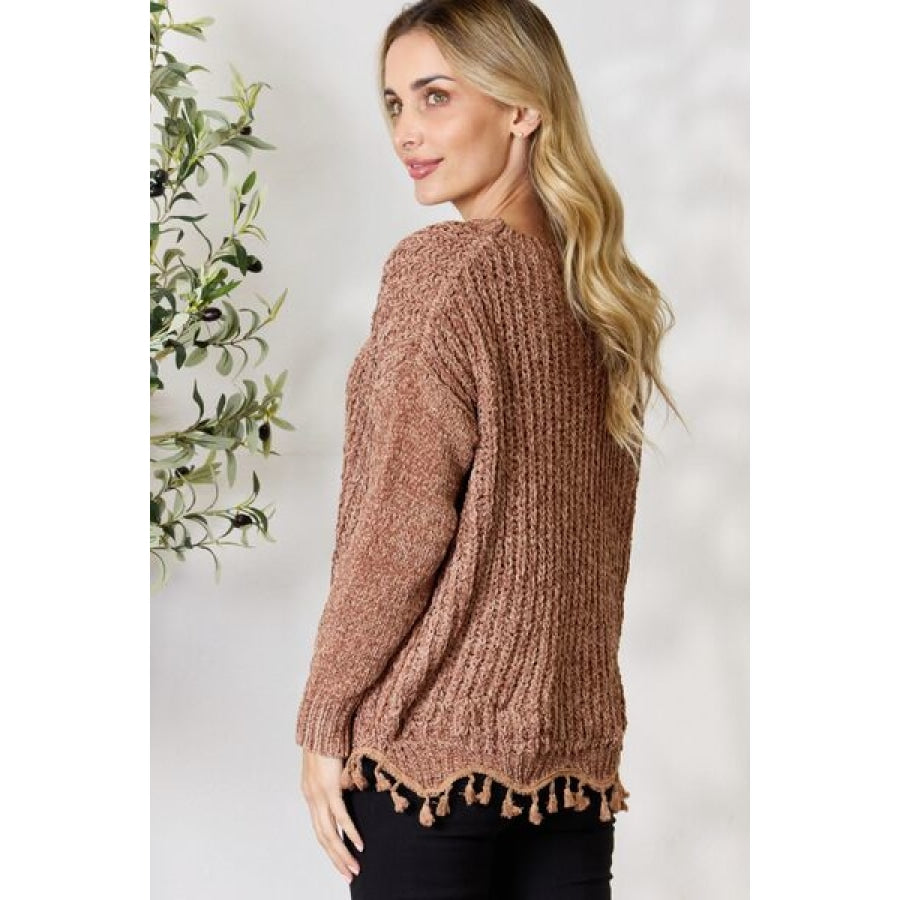 BiBi Tassel Trim Long Sleeve Sweater Mocha Latte / S Clothing