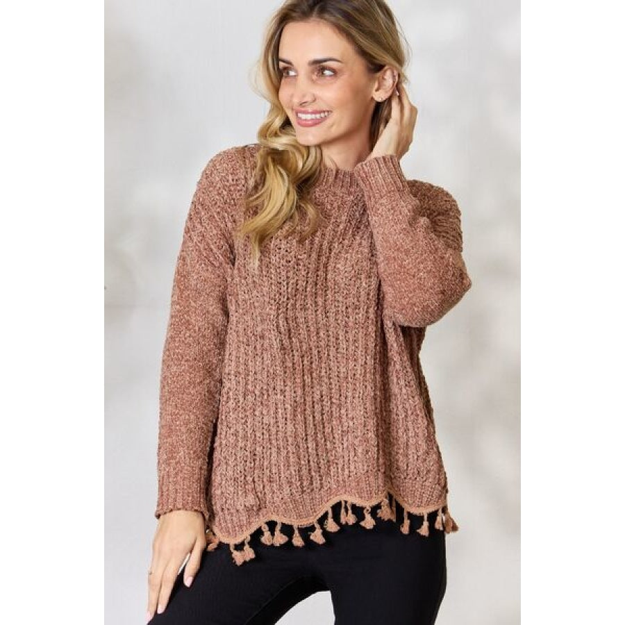 BiBi Tassel Trim Long Sleeve Sweater Mocha Latte / S Clothing
