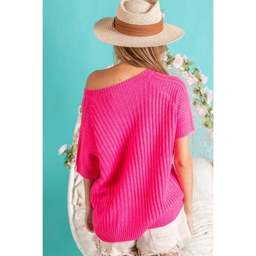 BiBi Texture Round Neck Short Sleeve Knit Top Fuchsia / S Apparel and Accessories