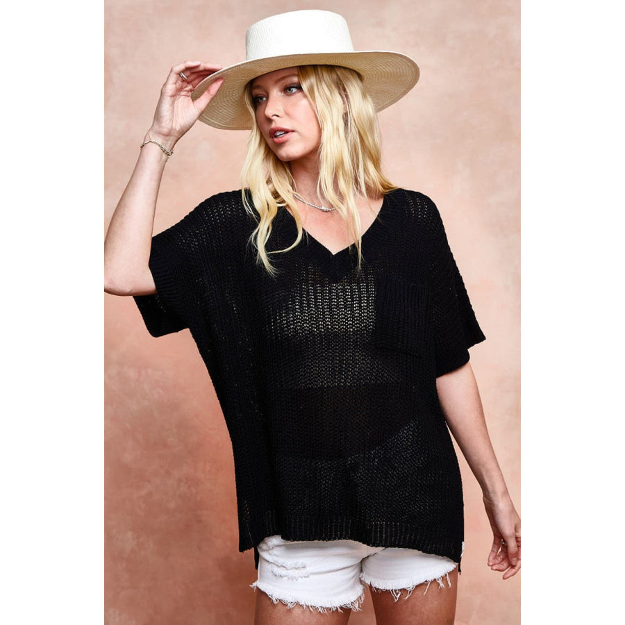 BiBi V - Neck Short Sleeve Knit Top Black / S Apparel and Accessories