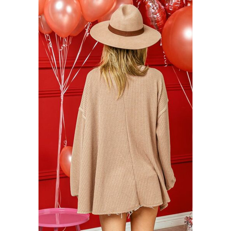 BiBi V - Neck Waffle Uneven Hem Top CAMEL / S Apparel and Accessories