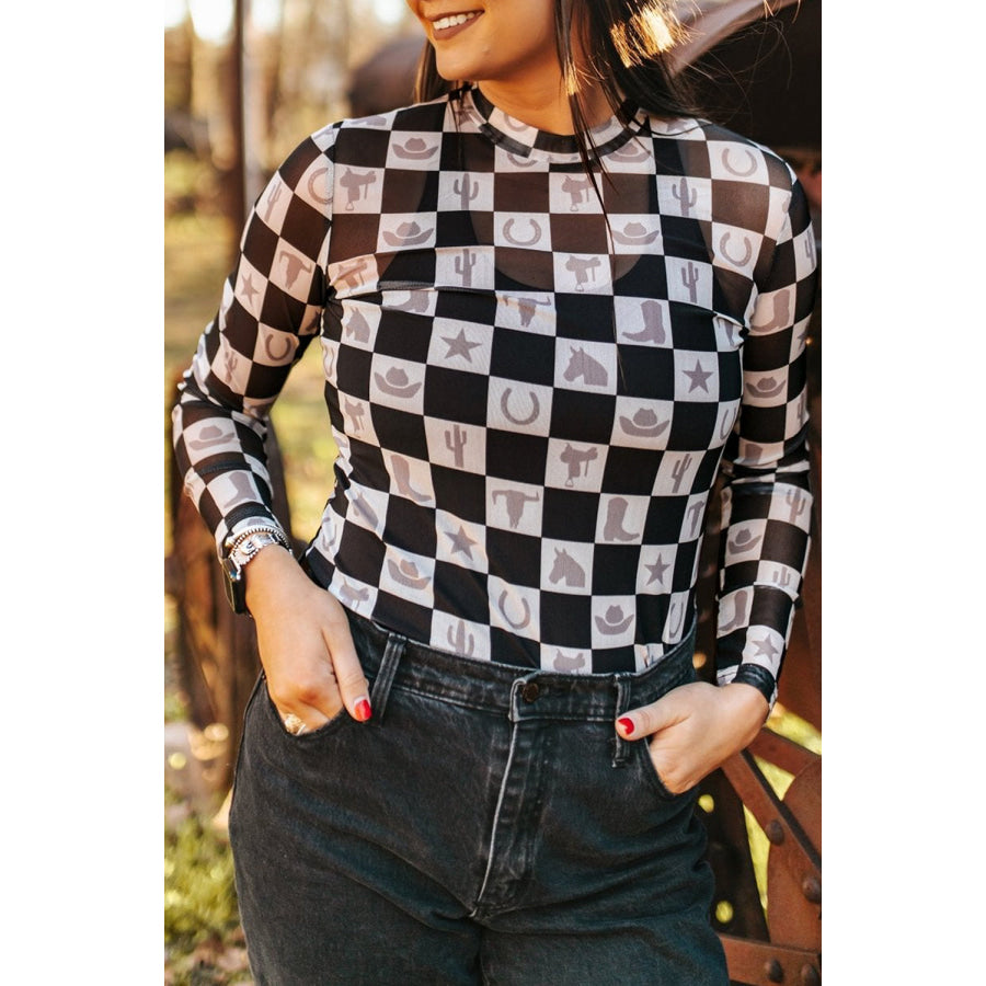Black Checkerboard Western Elements Printed Mesh Long Sleeve Top Black / S / 95% Polyester + 5% Elastane Tops/Long Sleeve Tops