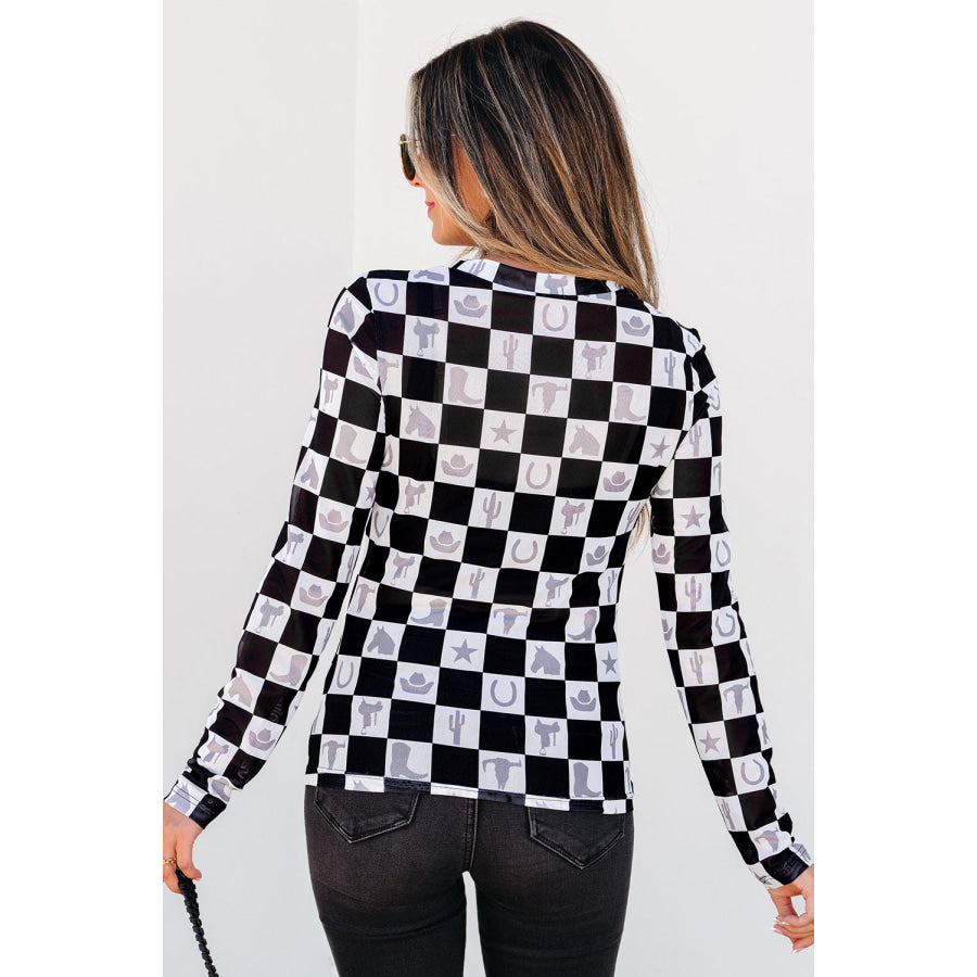 Black Checkerboard Western Elements Printed Mesh Long Sleeve Top Tops/Long Sleeve Tops
