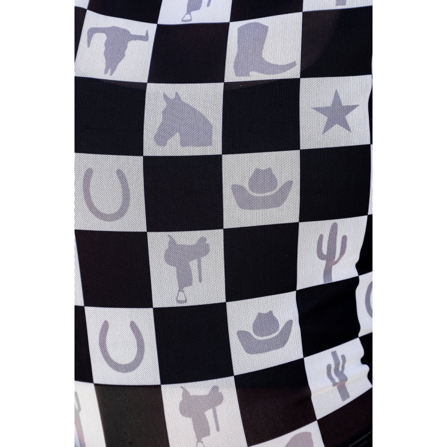 Black Checkerboard Western Elements Printed Mesh Long Sleeve Top Tops/Long Sleeve Tops