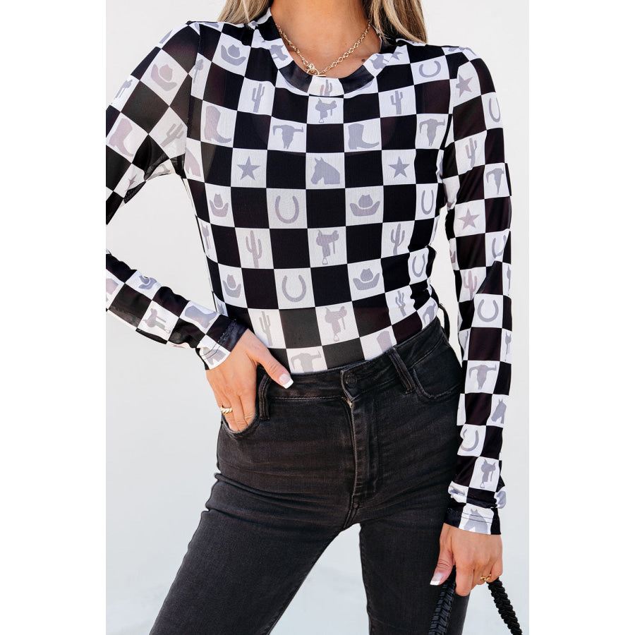 Black Checkerboard Western Elements Printed Mesh Long Sleeve Top Tops/Long Sleeve Tops