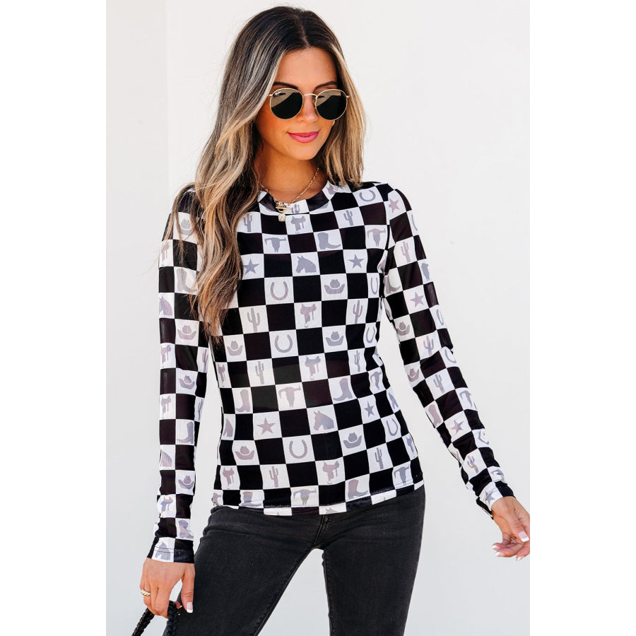 Black Checkerboard Western Elements Printed Mesh Long Sleeve Top Tops/Long Sleeve Tops