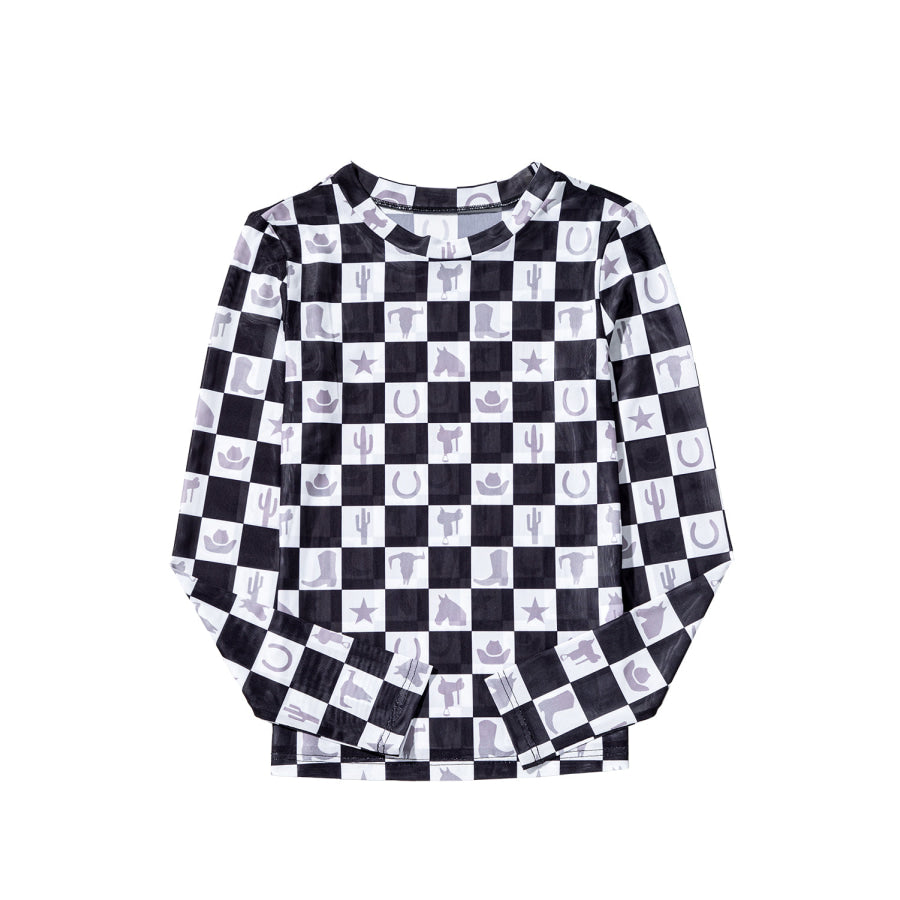 Black Checkerboard Western Elements Printed Mesh Long Sleeve Top Tops/Long Sleeve Tops