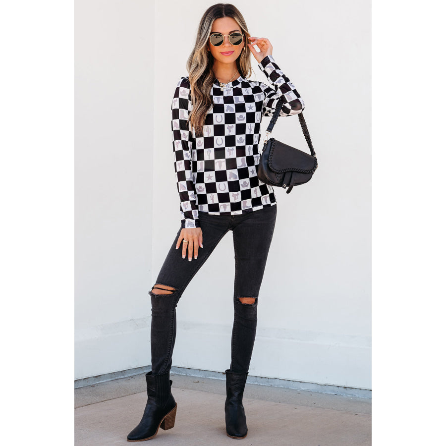 Black Checkerboard Western Elements Printed Mesh Long Sleeve Top Tops/Long Sleeve Tops