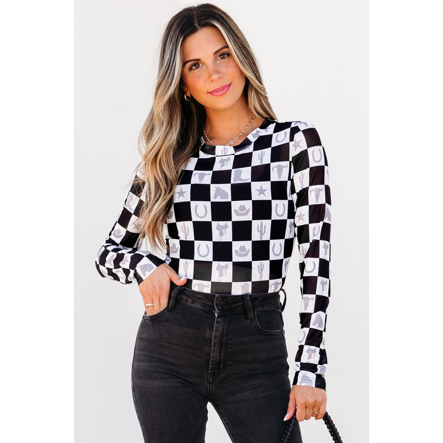 Black Checkerboard Western Elements Printed Mesh Long Sleeve Top Tops/Long Sleeve Tops