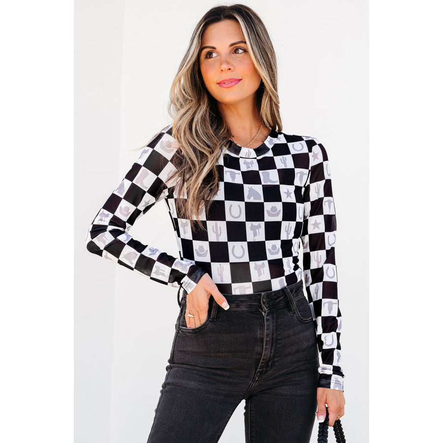 Black Checkerboard Western Elements Printed Mesh Long Sleeve Top Tops/Long Sleeve Tops