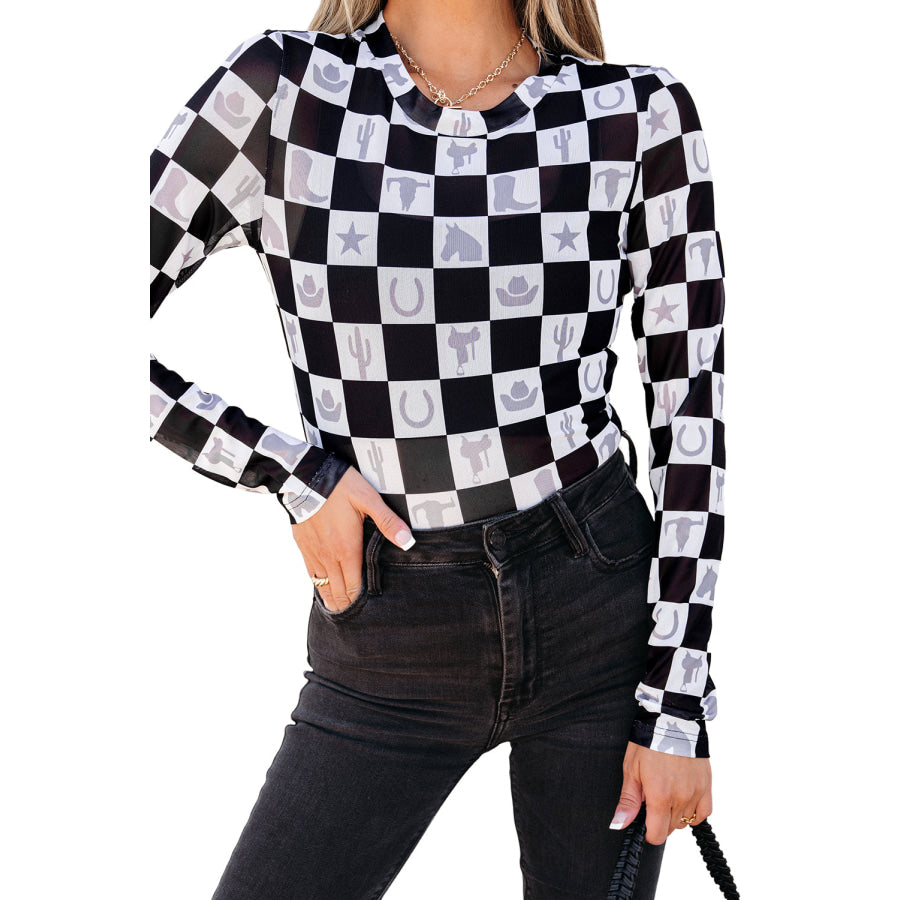 Black Checkerboard Western Elements Printed Mesh Long Sleeve Top Tops/Long Sleeve Tops