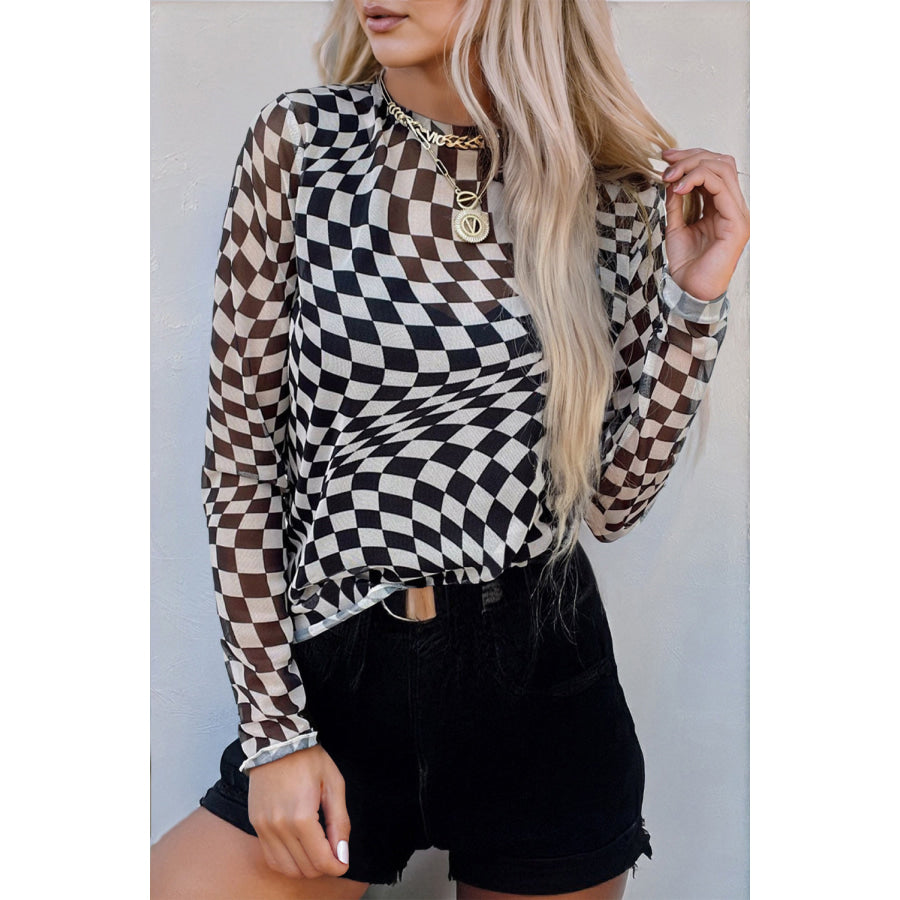 Black Checkered Pattern Mesh Mock Neck Long Sleeve Top Black / S / 95% Polyester + 5% Elastane Tops/Long Sleeve Tops