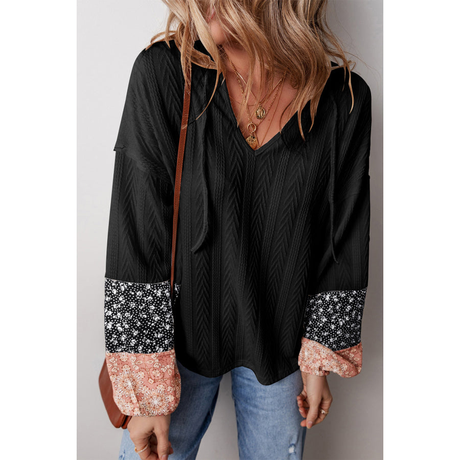 Black Floral Patchwork Textured Knit Drawstring V Neck Blouse Black / S / 97% Polyester + 3% Elastane Tops/Blouses & Shirts