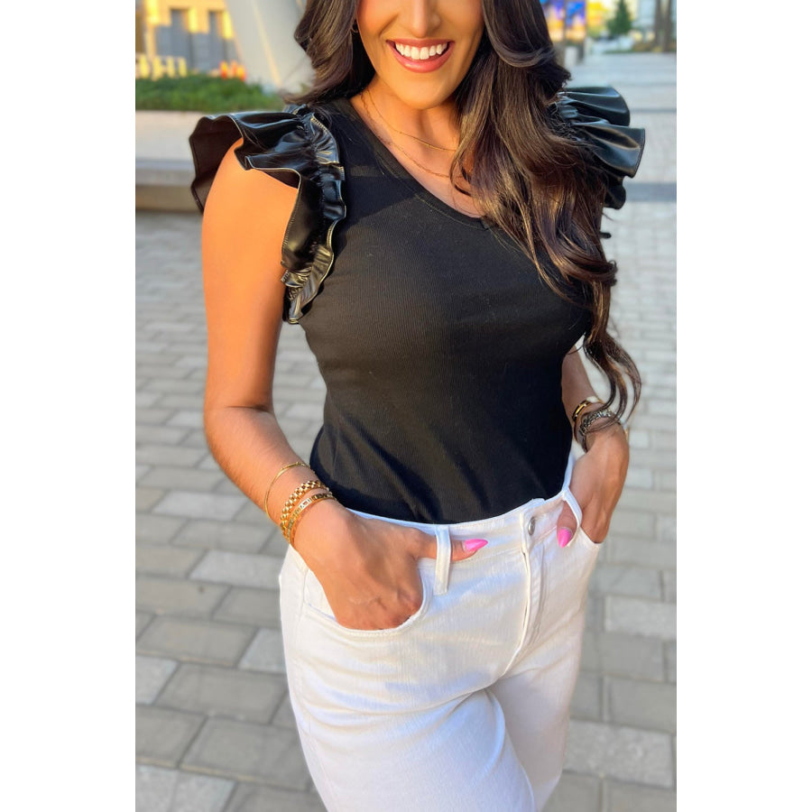 Black Leatherette Ruffle Patchwork Ribbed V Neck Bodysuit Black / S / 93% Viscose + 7% Elastane Tops/Bodysuits