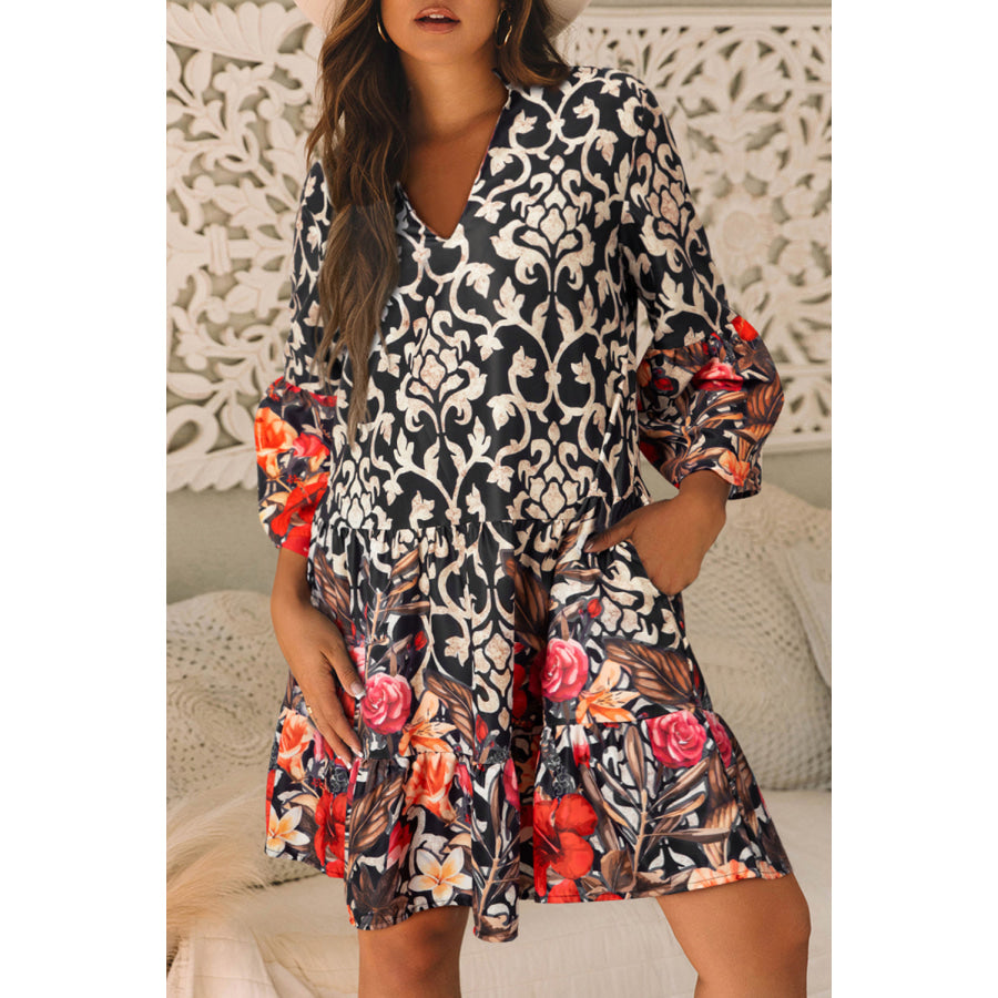 Black Retro Floral Mixed Print Split Neck A-line Dress Dresses/Mini Dresses