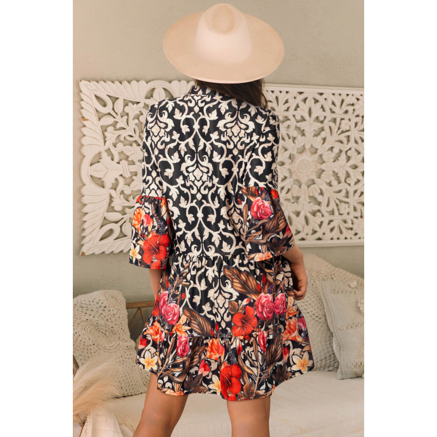 Black Retro Floral Mixed Print Split Neck A-line Dress Dresses/Mini Dresses