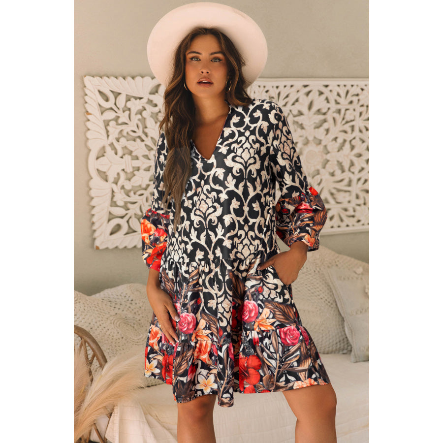 Black Retro Floral Mixed Print Split Neck A-line Dress Black / S / 100% Polyester Dresses/Mini Dresses