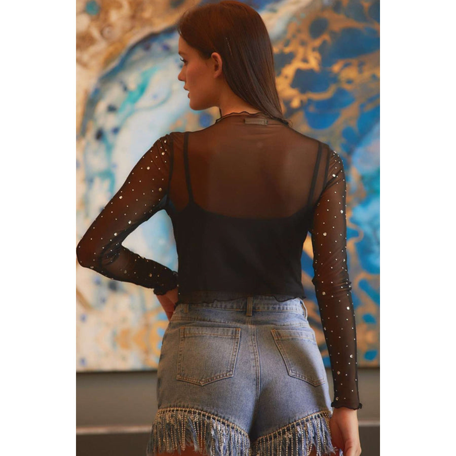 Black Rhinestone Sheer Mesh Slim Fit Long Sleeve Top Black / S / 95% Polyester + 5% Elastane Tops/Long Sleeve Tops