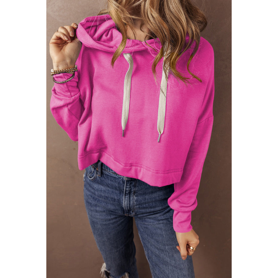 Black Solid Drop Shoulder Drawstring Cropped Hoodie Tops/Sweatshirts & Hoodies