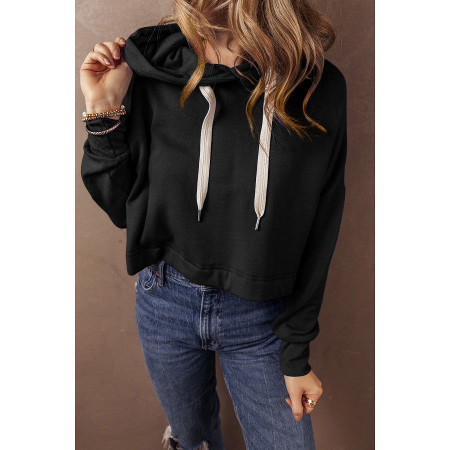 Black Solid Drop Shoulder Drawstring Cropped Hoodie Tops/Sweatshirts & Hoodies