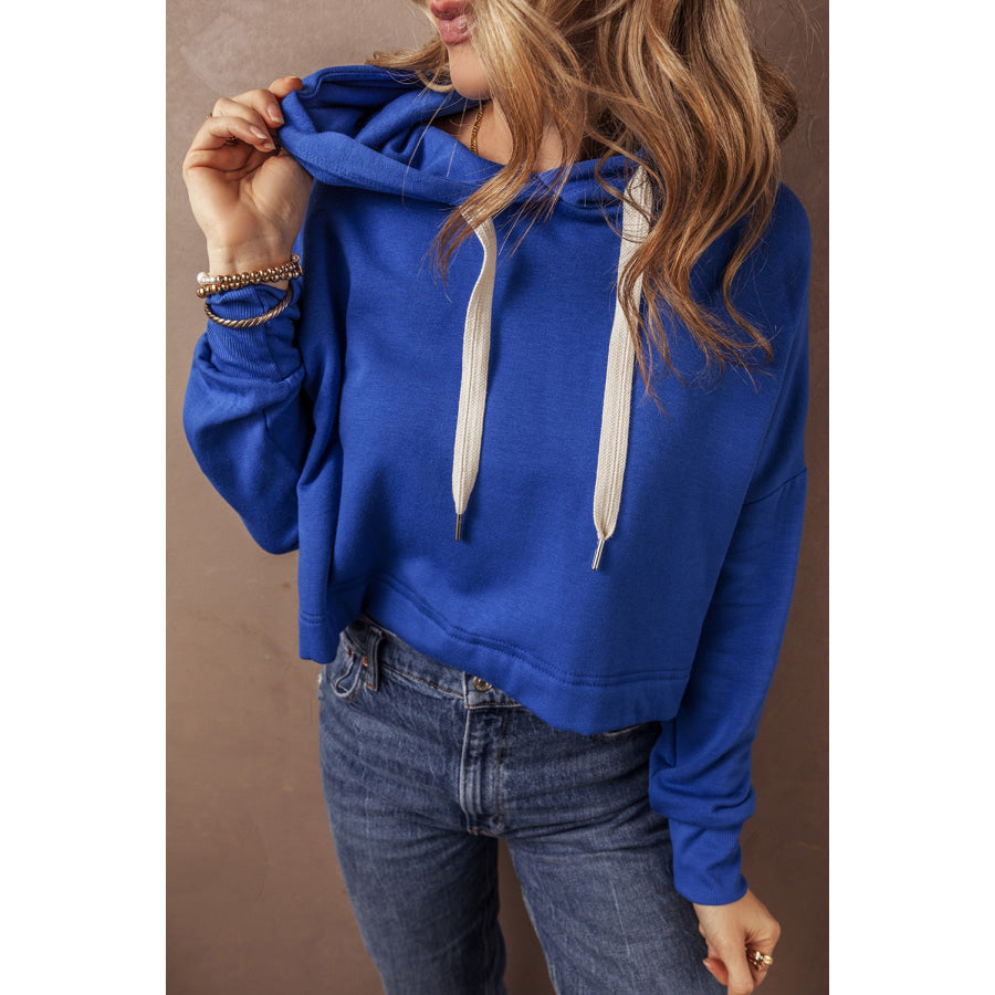 Black Solid Drop Shoulder Drawstring Cropped Hoodie Tops/Sweatshirts & Hoodies