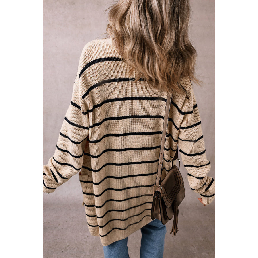 Black Stripe Shawl Neckline Open Cardigan with Pockets Black Stripe / S / 50% Viscose + 28% Polyester + 22% Polyamide Sweaters &