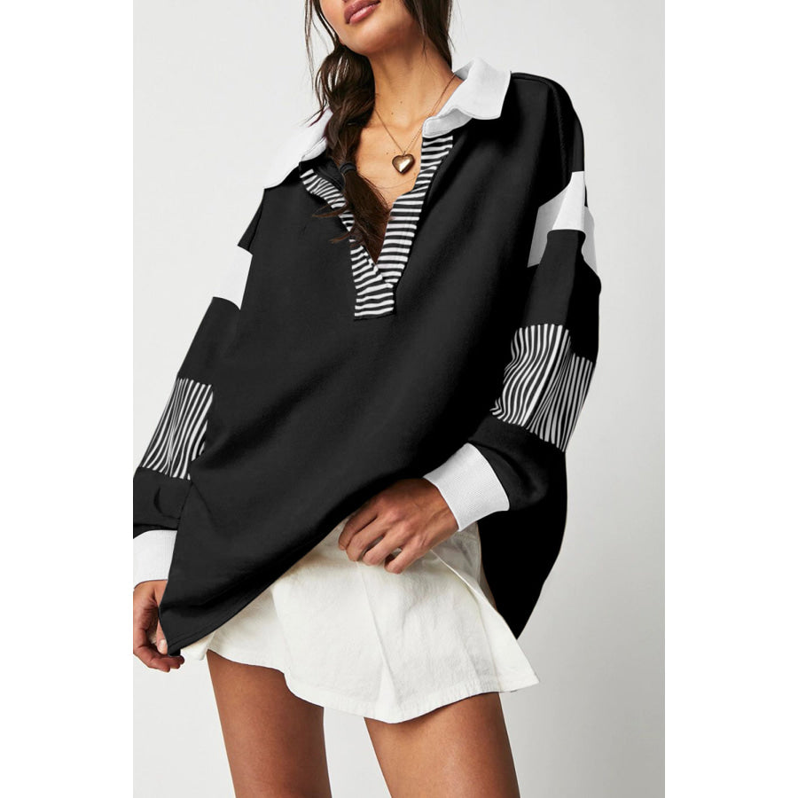 Black Striped Colorblock Patchwork Collar Sweatshirt Black / S / 50% Polyester + 50% Cotton Tops/Sweatshirts & Hoodies