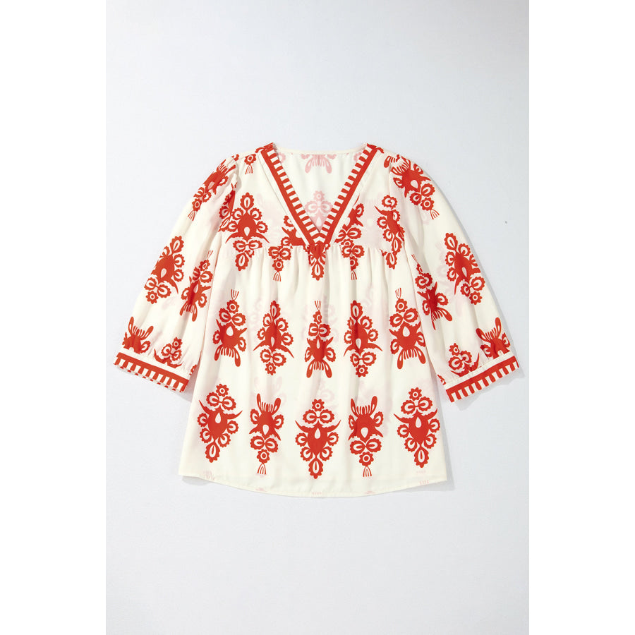 Black Vintage Geometric Printed 3/4 Sleeve V Neck Blouse Tops/Blouses & Shirts