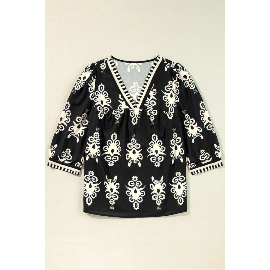 Black Vintage Geometric Printed 3/4 Sleeve V Neck Blouse Tops/Blouses & Shirts