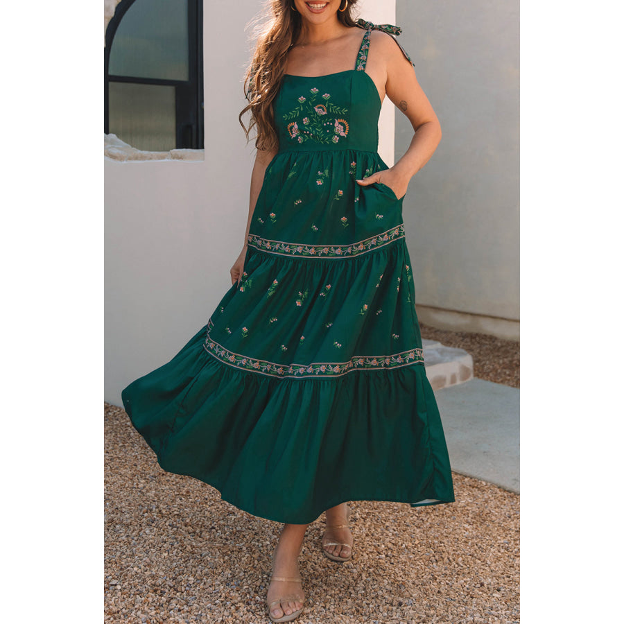 Blackish Green Floral Smocked Back Tied Straps Tiered Maxi Dress Dresses/Floral Dresses