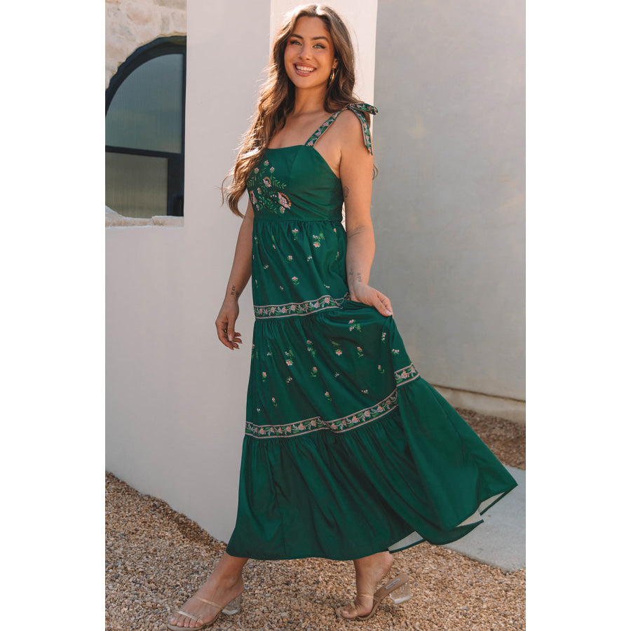 Blackish Green Floral Smocked Back Tied Straps Tiered Maxi Dress Dresses/Floral Dresses