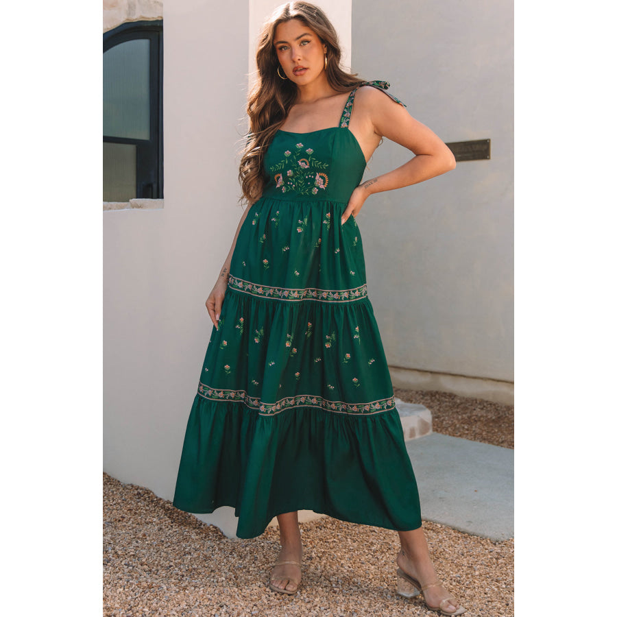 Blackish Green Floral Smocked Back Tied Straps Tiered Maxi Dress Dresses/Floral Dresses