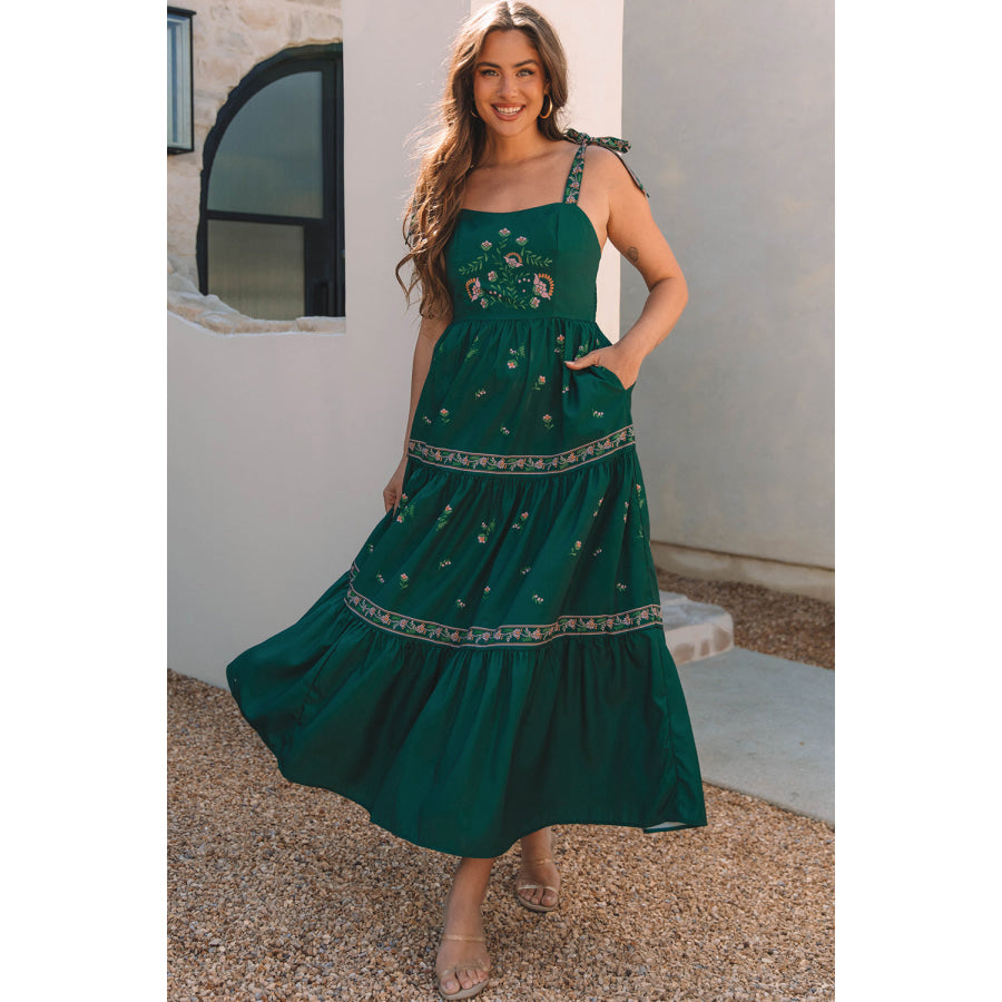 Blackish Green Floral Smocked Back Tied Straps Tiered Maxi Dress Dresses/Floral Dresses