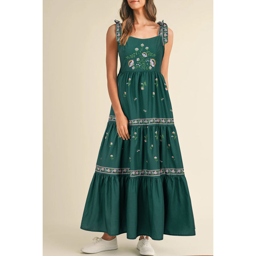 Blackish Green Floral Smocked Back Tied Straps Tiered Maxi Dress Dresses/Floral Dresses