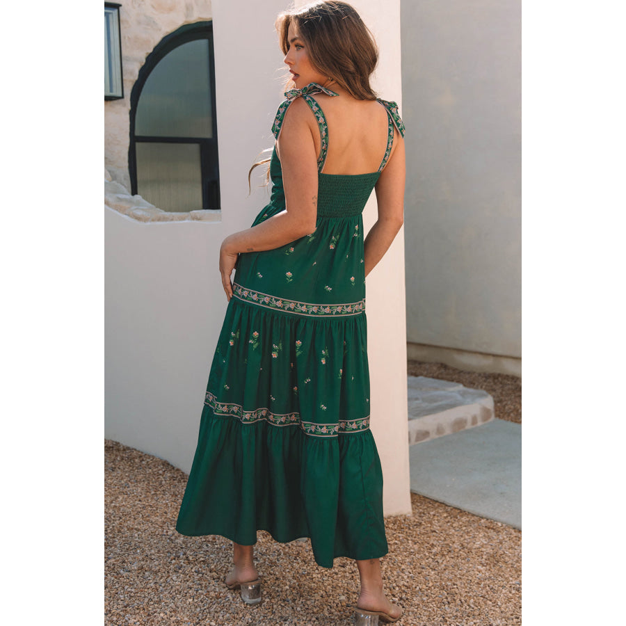 Blackish Green Floral Smocked Back Tied Straps Tiered Maxi Dress Dresses/Floral Dresses